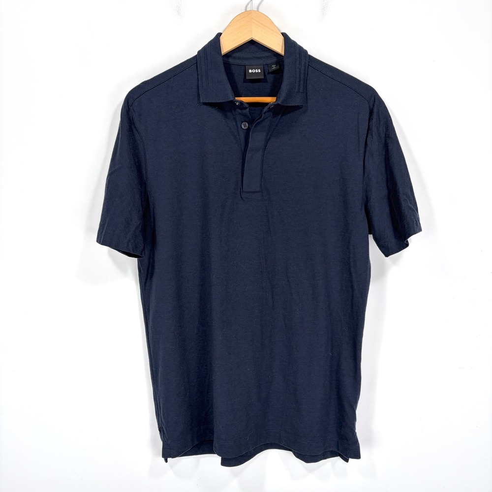 BOSS Parlay Performance Polo Shirt Mens Small Navy Blue Lyocell Cotton Wool